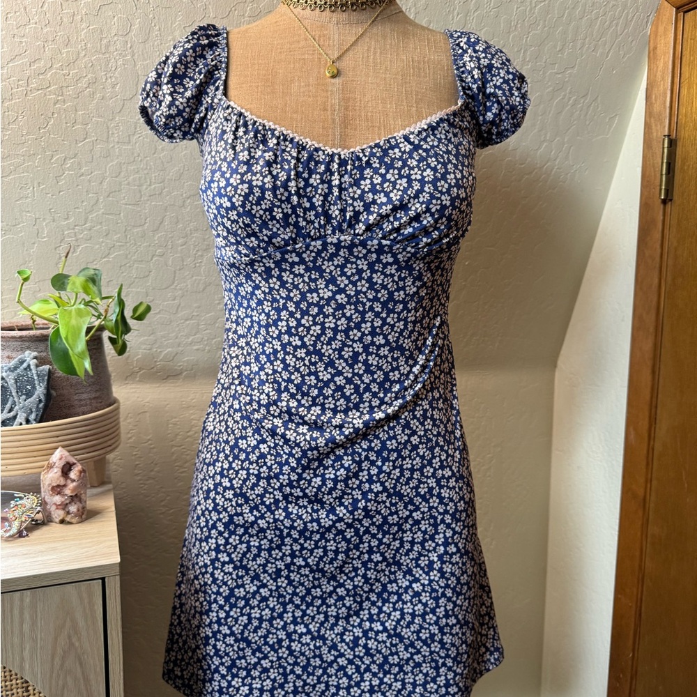 Blossoming Charm Blue Floral Print Puff Sleeve Mini Dress